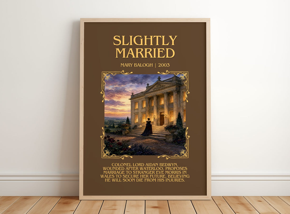 Slightly Married Minimalist Book Poster by Mary Balogh – framed print leaning on a wooden floor
