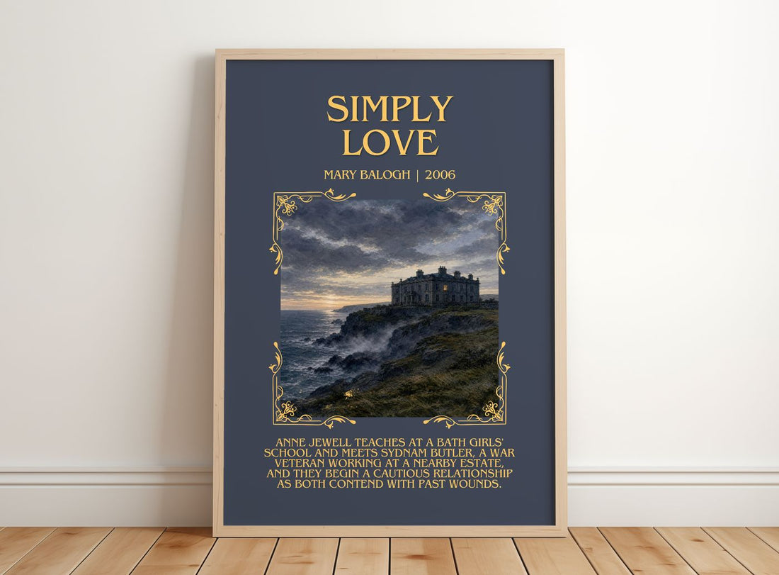 Simply Love Minimalist Book Poster by Mary Balogh – framed print leaning on a wooden floor