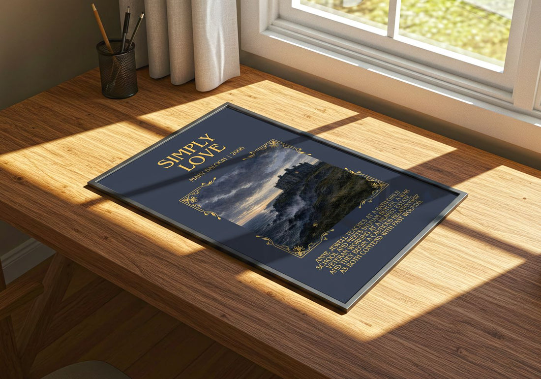 Simply Love Minimalist Book Poster by Mary Balogh – print on a sunlit desk