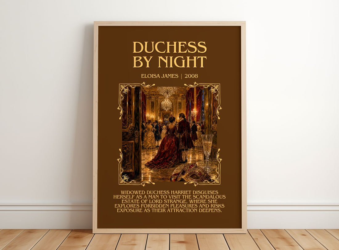 Duchess by Night Minimalist Book Poster by Eloisa James – framed print leaning on a wooden floor
