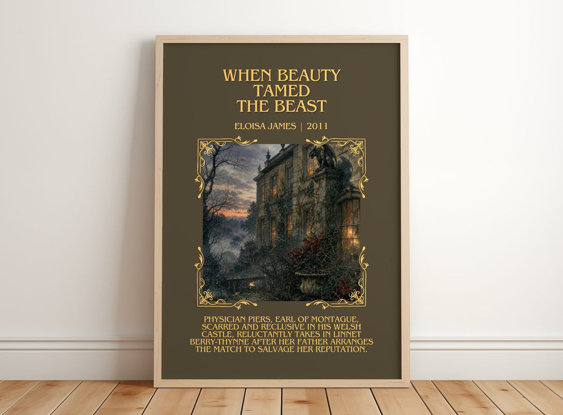 When Beauty Tamed the Beast Minimalist Book Poster by Eloisa James – framed print leaning on a wooden floor