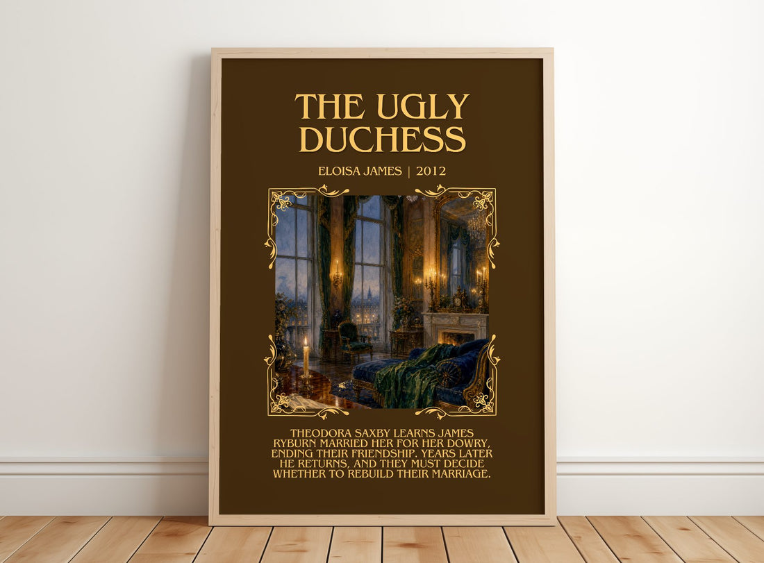 The Ugly Duchess Minimalist Book Poster by Eloisa James – framed print leaning on a wooden floor