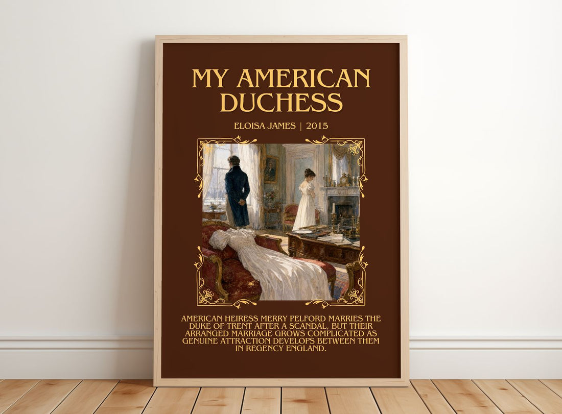 My American Duchess Minimalist Book Poster by Eloisa James – framed print leaning on a wooden floor