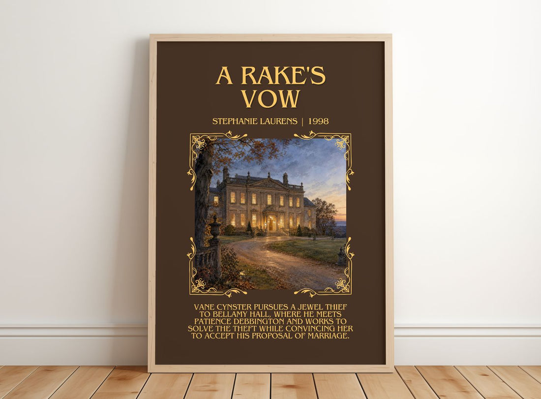 A Rake's Vow Minimalist Book Poster by Stephanie Laurens – framed print leaning on a wooden floor