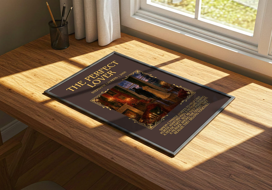 The Perfect Lover Minimalist Book Poster by Stephanie Laurens – print on a sunlit desk