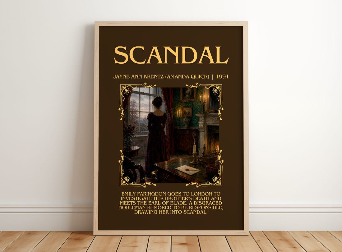 Scandal Minimalist Book Poster by Jayne Ann Krentz (Amanda Quick) – framed print leaning on a wooden floor