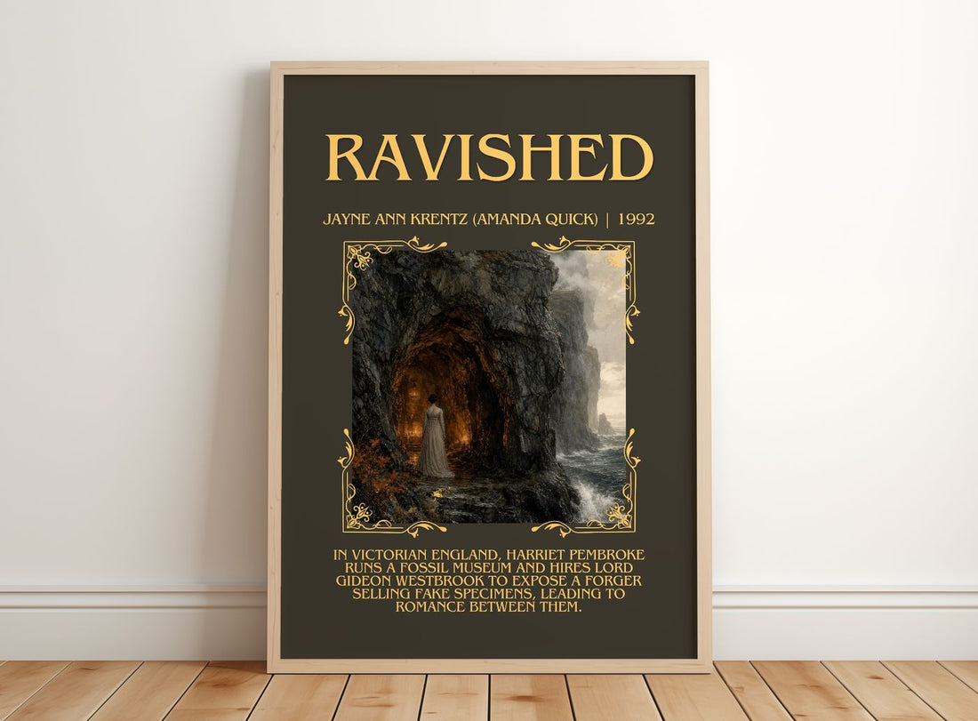 Ravished Minimalist Book Poster by Jayne Ann Krentz (Amanda Quick) – framed print leaning on a wooden floor