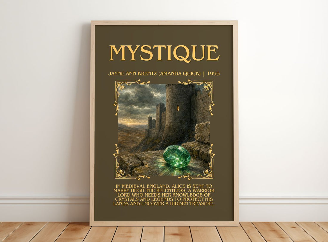 Mystique Minimalist Book Poster by Jayne Ann Krentz (Amanda Quick) – framed print leaning on a wooden floor
