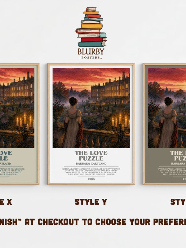 The Love Puzzle bookish print in frame leaning in hallway – romance wall art