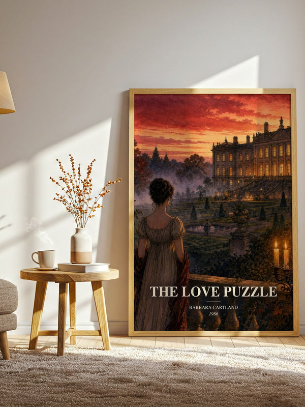 The Love Puzzle watercolour print in frame leaning in hallway – romance wall art