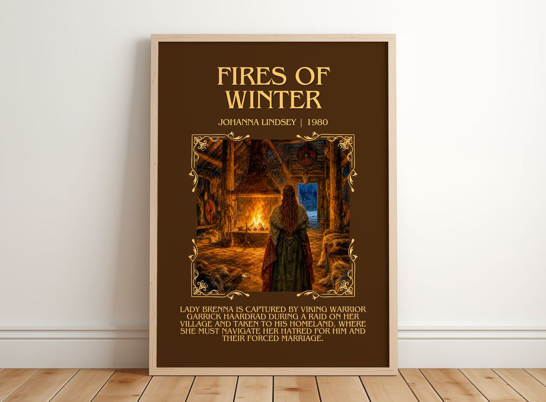 Fires of Winter Minimalist Book Poster by Johanna Lindsey – framed print leaning on a wooden floor