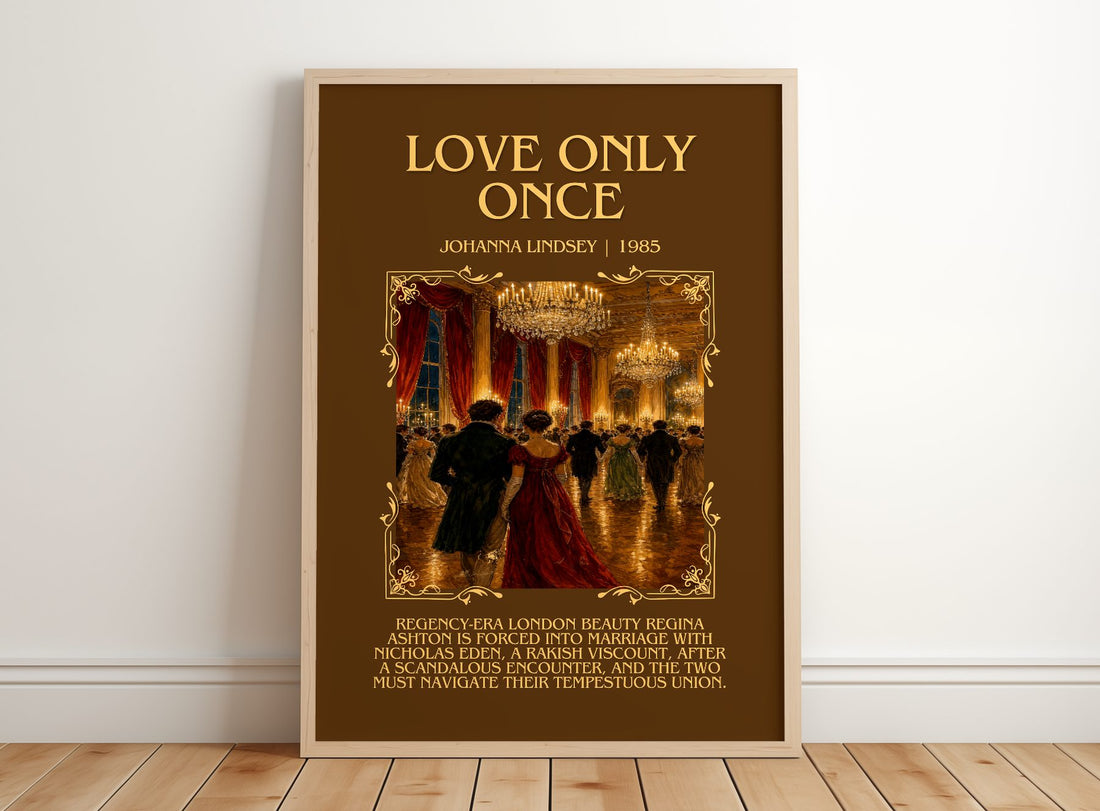 Love Only Once Minimalist Book Poster by Johanna Lindsey – framed print leaning on a wooden floor