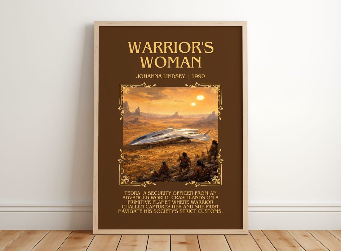 Warrior's Woman Minimalist Book Poster by Johanna Lindsey – framed print leaning on a wooden floor