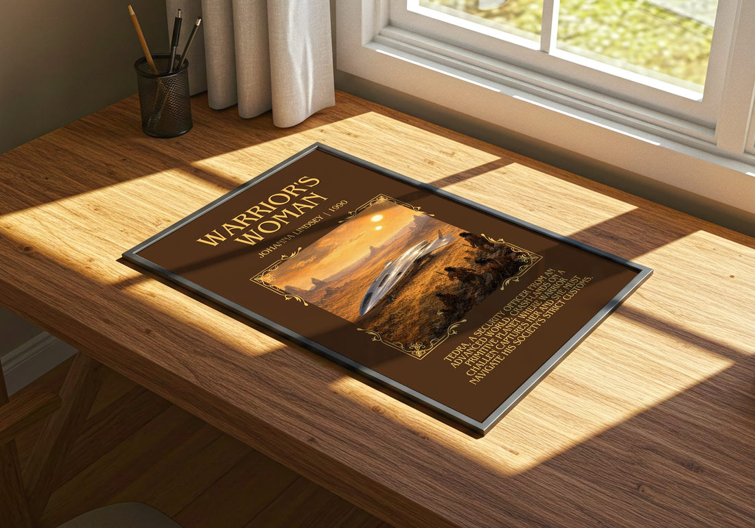 Warrior's Woman Minimalist Book Poster by Johanna Lindsey – print on a sunlit desk