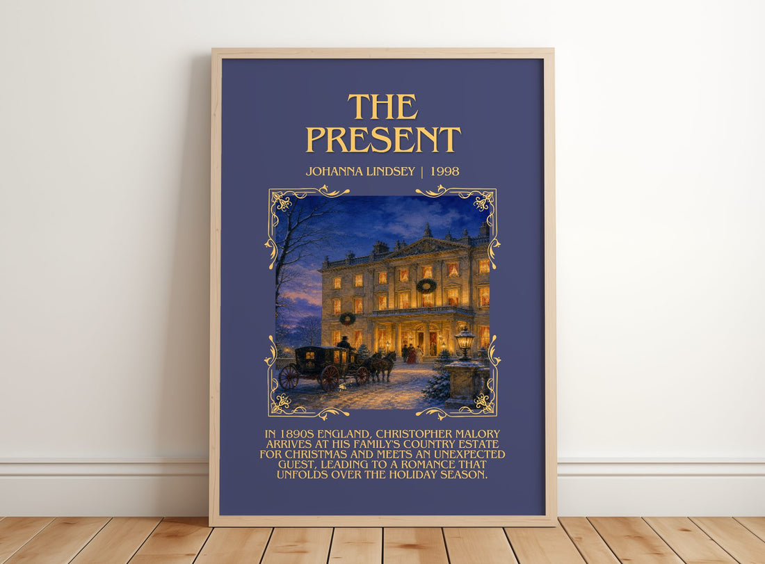 The Present Minimalist Book Poster by Johanna Lindsey – framed print leaning on a wooden floor