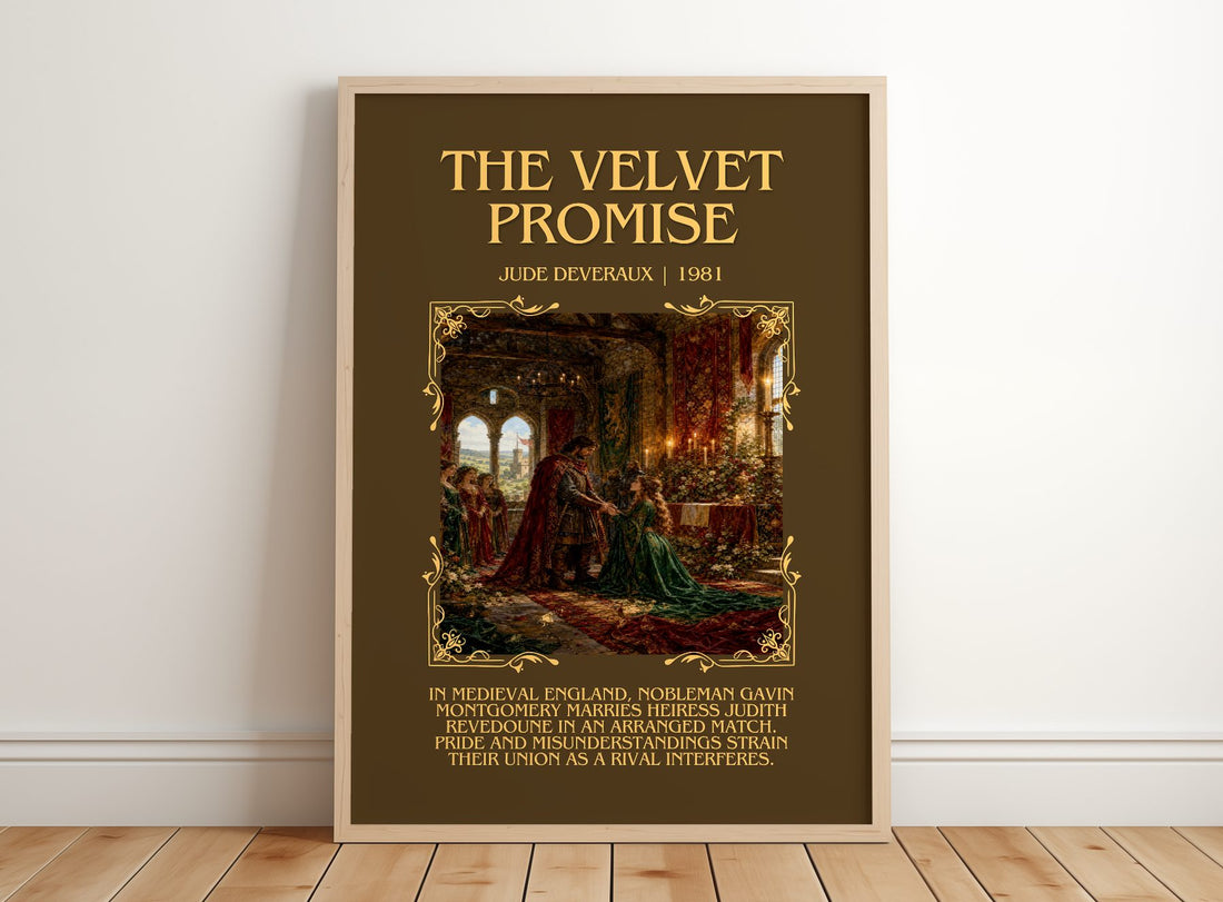 The Velvet Promise Minimalist Book Poster by Jude Deveraux – framed print leaning on a wooden floor