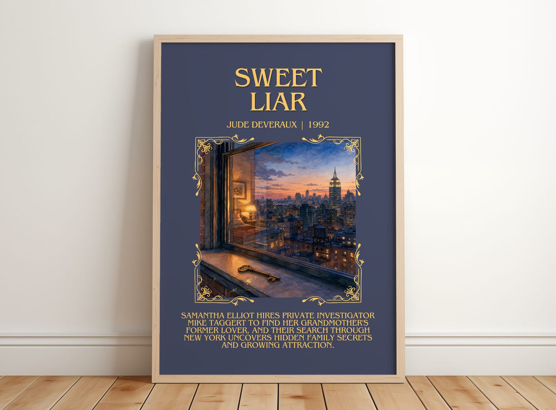 Sweet Liar Minimalist Book Poster by Jude Deveraux – framed print leaning on a wooden floor