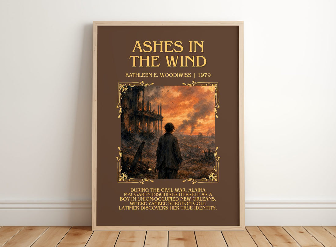 Ashes in the Wind Minimalist Book Poster by Kathleen E. Woodiwiss – framed print leaning on a wooden floor