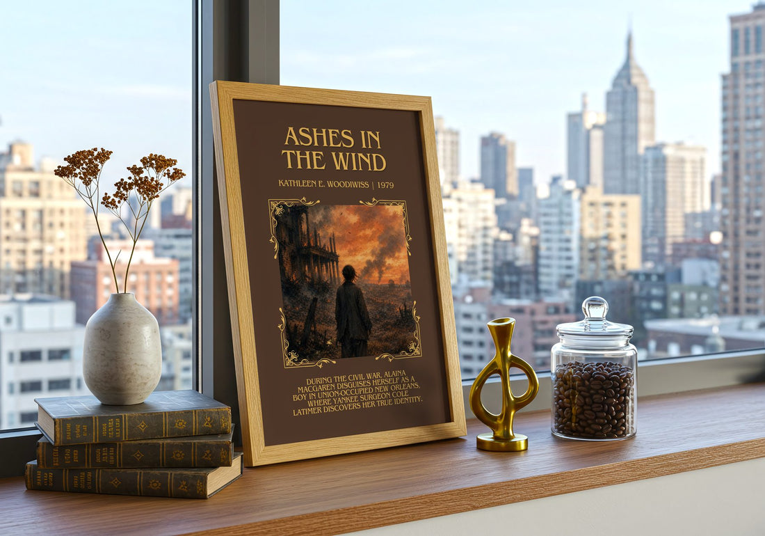 Ashes in the Wind Minimalist Book Poster by Kathleen E. Woodiwiss – framed print on a city-view windowsill