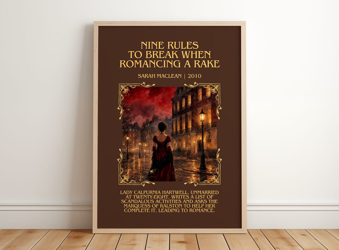Nine Rules to Break When Romancing a Rake Minimalist Book Poster – framed print leaning on a wooden floor