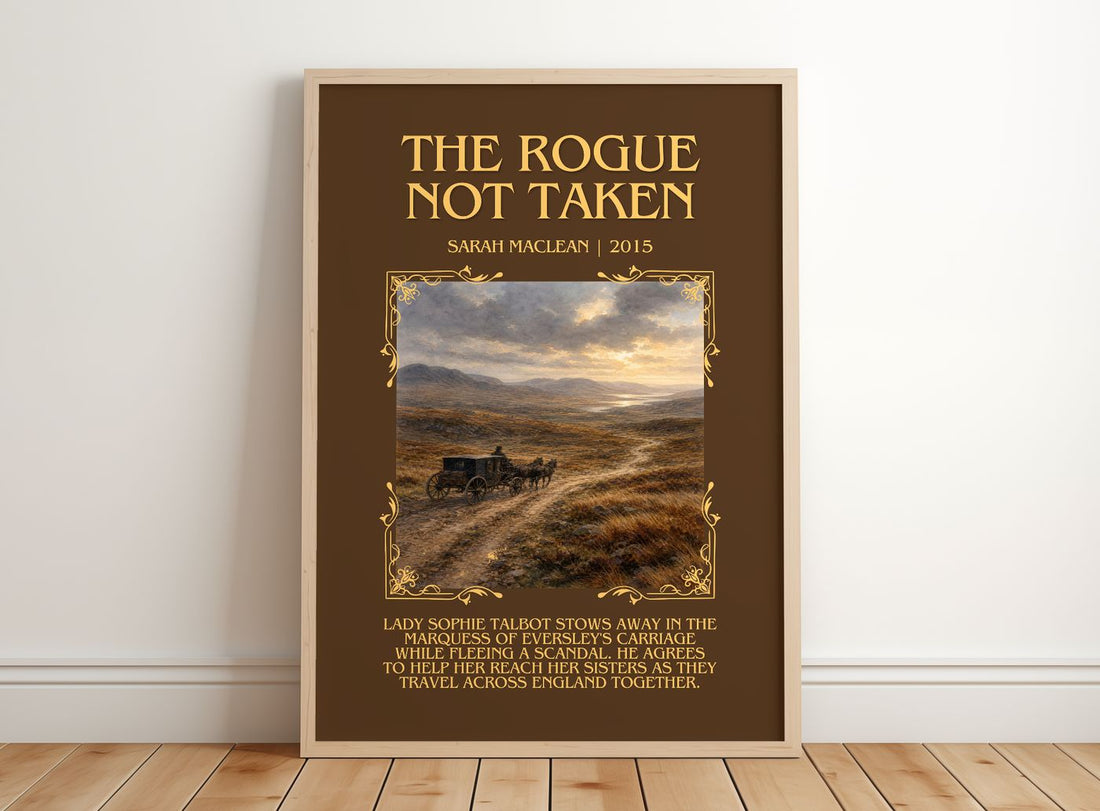 The Rogue Not Taken Minimalist Book Poster by Sarah MacLean – framed print leaning on a wooden floor