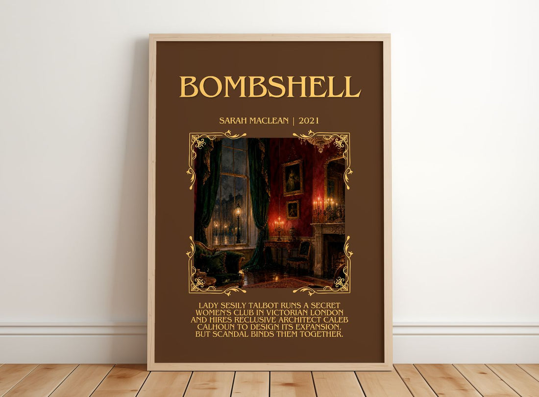 Bombshell Minimalist Book Poster by Sarah MacLean – framed print leaning on a wooden floor