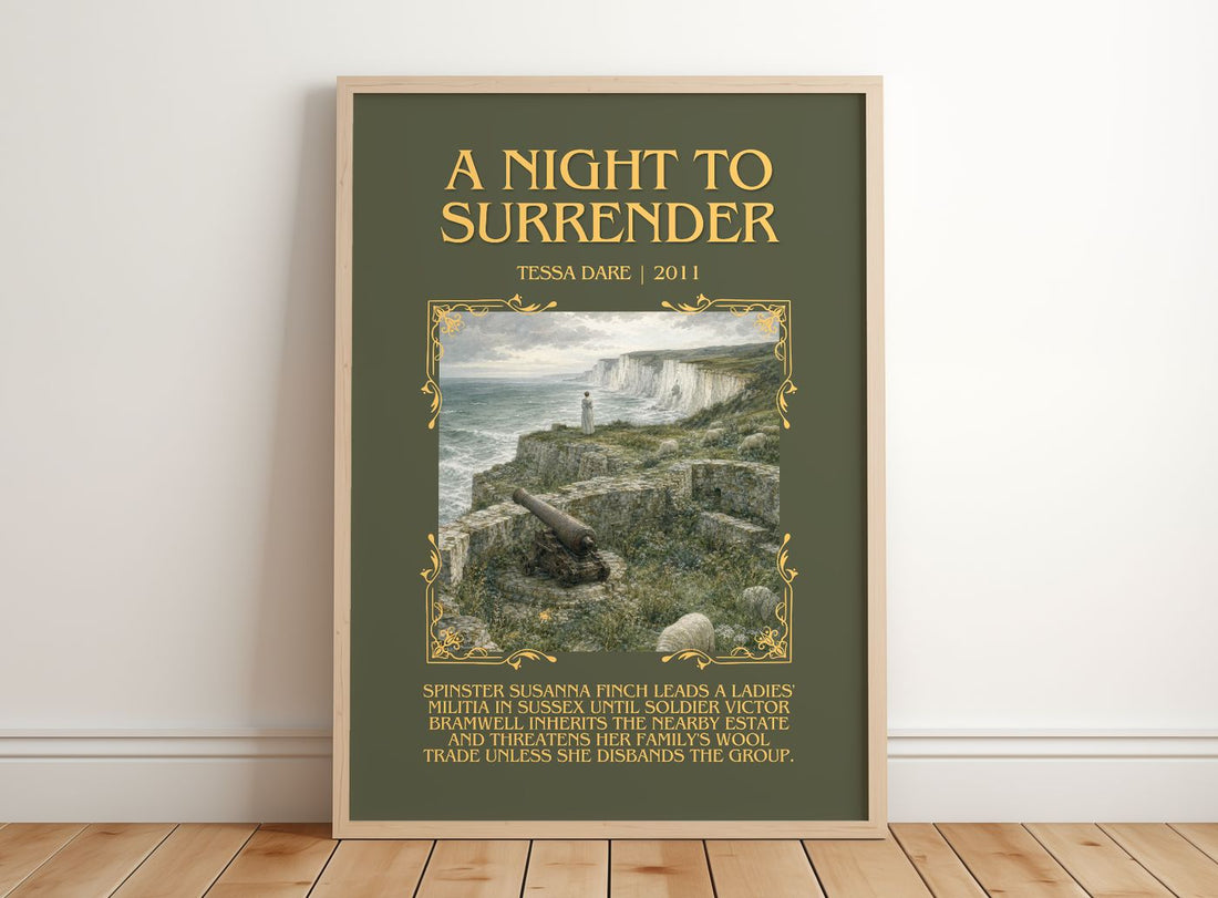A Night to Surrender Minimalist Book Poster by Tessa Dare – framed print leaning on a wooden floor
