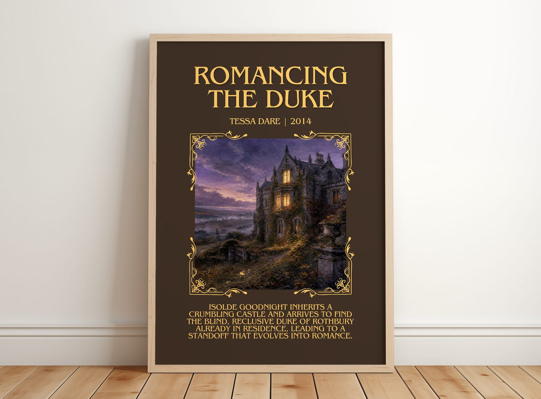 Romancing the Duke Minimalist Book Poster by Tessa Dare – framed print leaning on a wooden floor