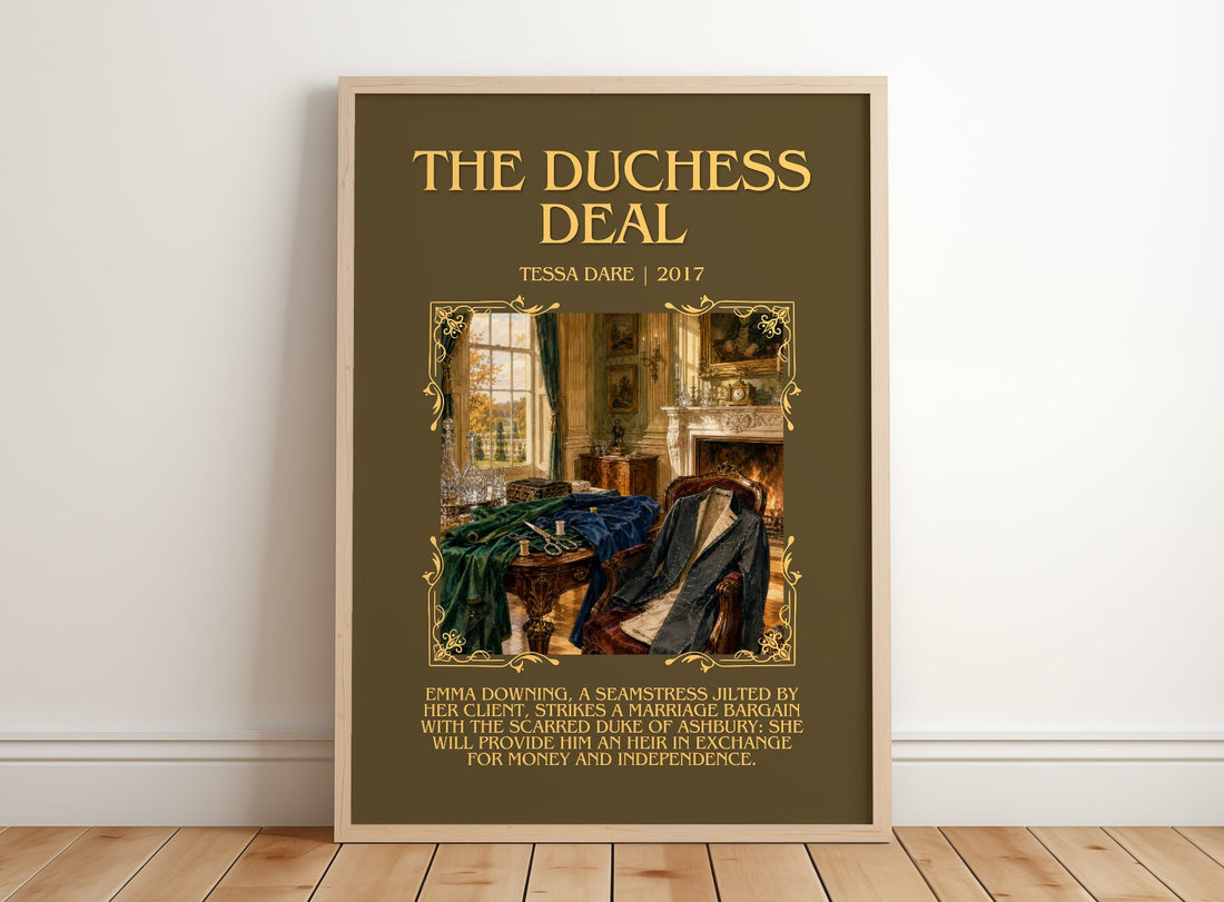 The Duchess Deal Minimalist Book Poster by Tessa Dare – framed print leaning on a wooden floor