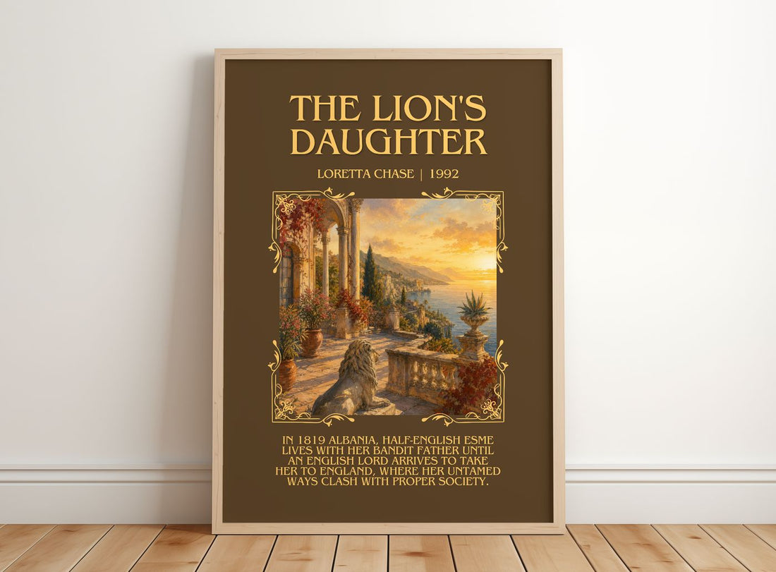 The Lion's Daughter Minimalist Book Poster by Loretta Chase – framed print leaning on a wooden floor