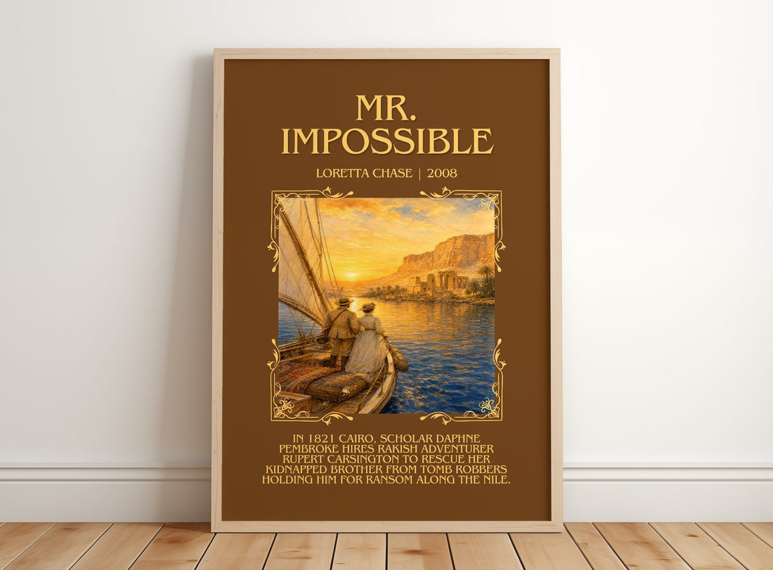 Mr. Impossible Minimalist Book Poster by Loretta Chase – framed print leaning on a wooden floor