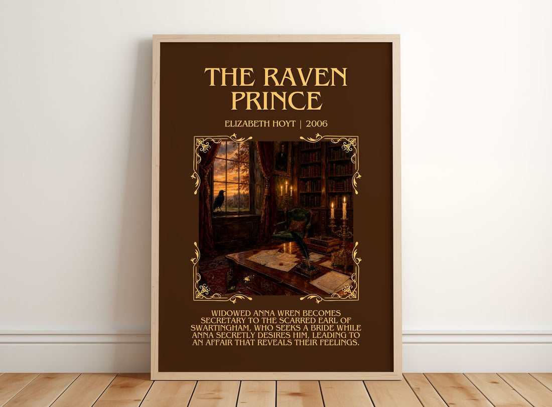The Raven Prince Minimalist Book Poster by Elizabeth Hoyt – framed print leaning on a wooden floor