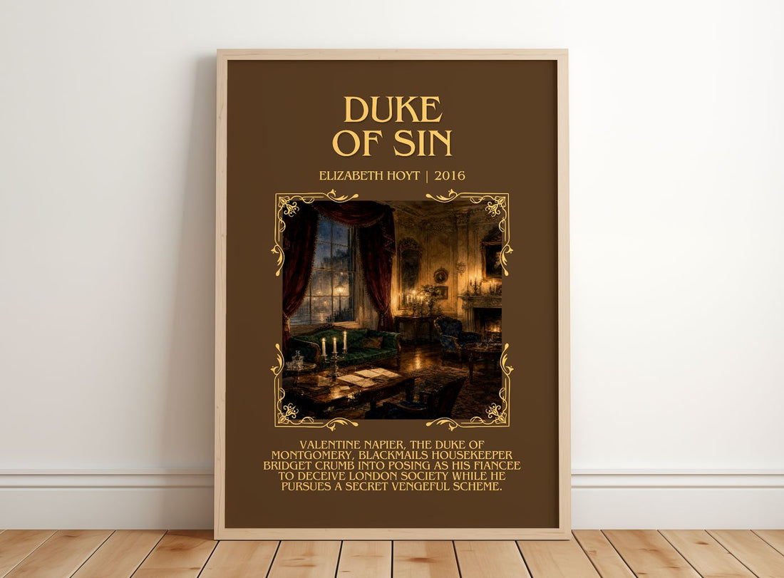 Duke of Sin Minimalist Book Poster by Elizabeth Hoyt – framed print leaning on a wooden floor