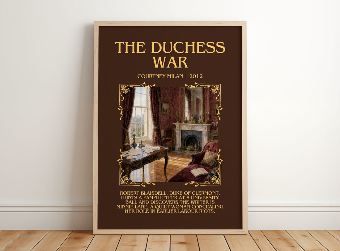 The Duchess War Minimalist Book Poster by Courtney Milan – framed print leaning on a wooden floor