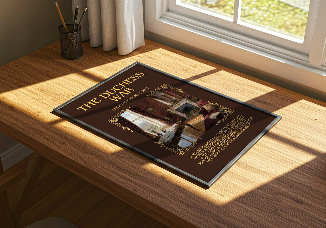The Duchess War Minimalist Book Poster by Courtney Milan – print on a sunlit desk