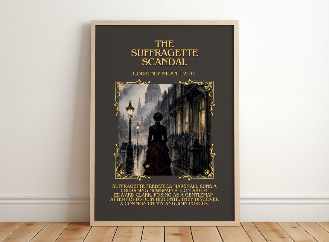The Suffragette Scandal Minimalist Book Poster by Courtney Milan – framed print leaning on a wooden floor