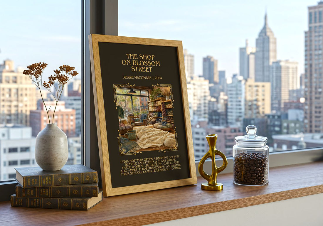 The Shop on Blossom Street Minimalist Book Poster by Debbie Macomber – framed print on a city-view windowsill