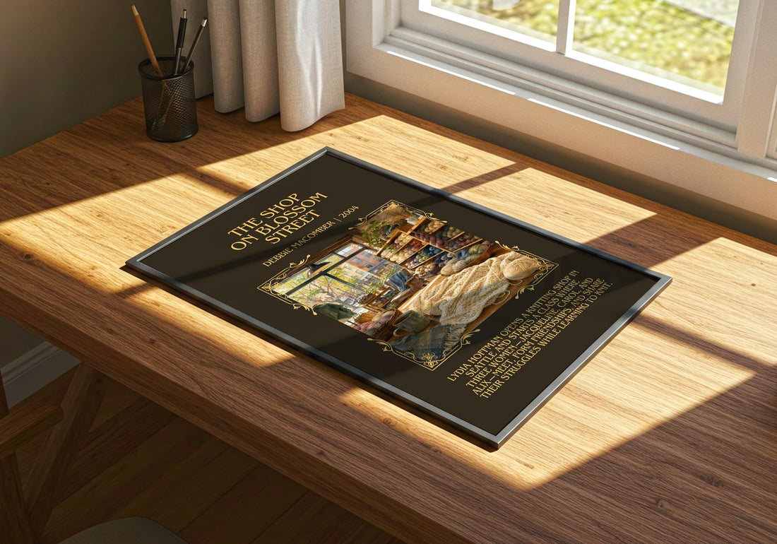 The Shop on Blossom Street Minimalist Book Poster by Debbie Macomber – print on a sunlit desk