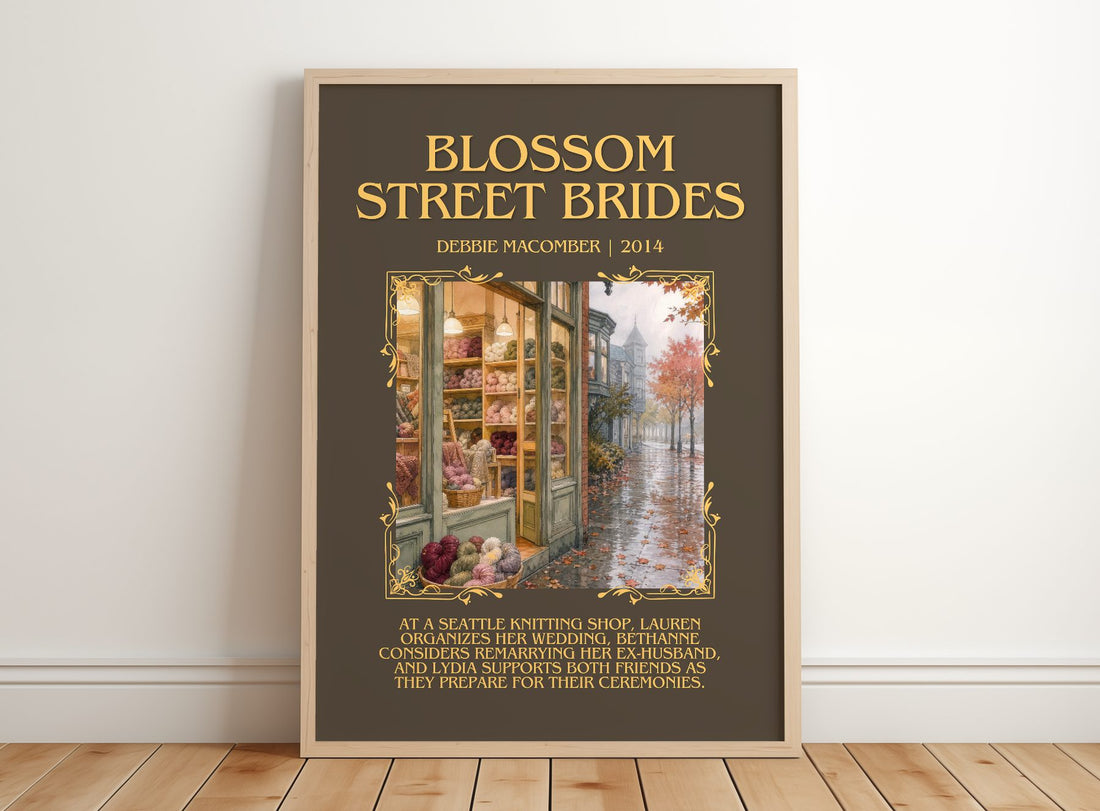 Blossom Street Brides Minimalist Book Poster by Debbie Macomber – framed print leaning on a wooden floor