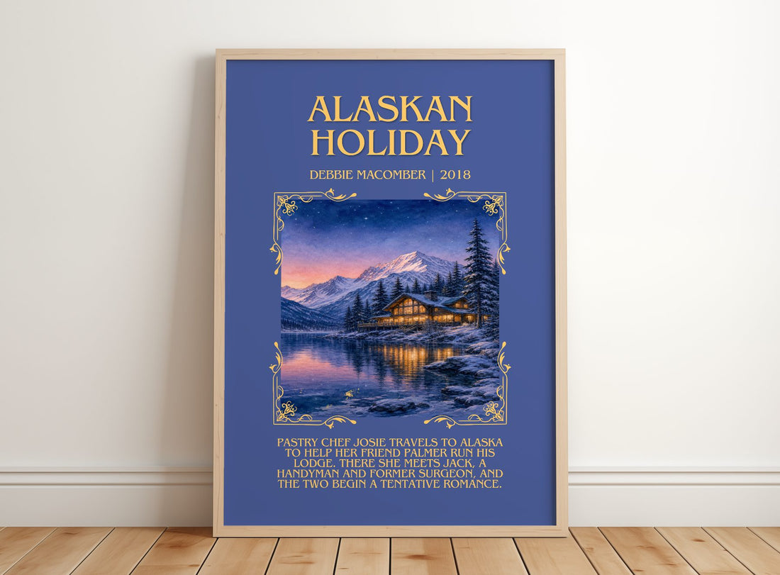 Alaskan Holiday Minimalist Book Poster by Debbie Macomber – framed print leaning on a wooden floor