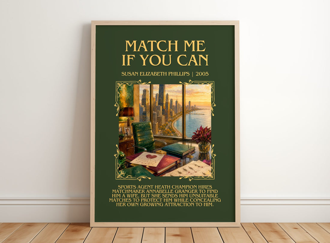 Match Me If You Can Minimalist Book Poster by Susan Elizabeth Phillips – framed print leaning on a wooden floor