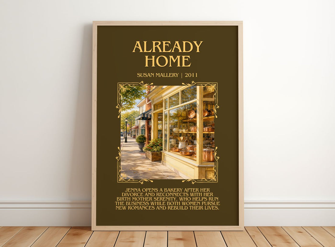 Already Home Minimalist Book Poster by Susan Mallery – framed print leaning on a wooden floor