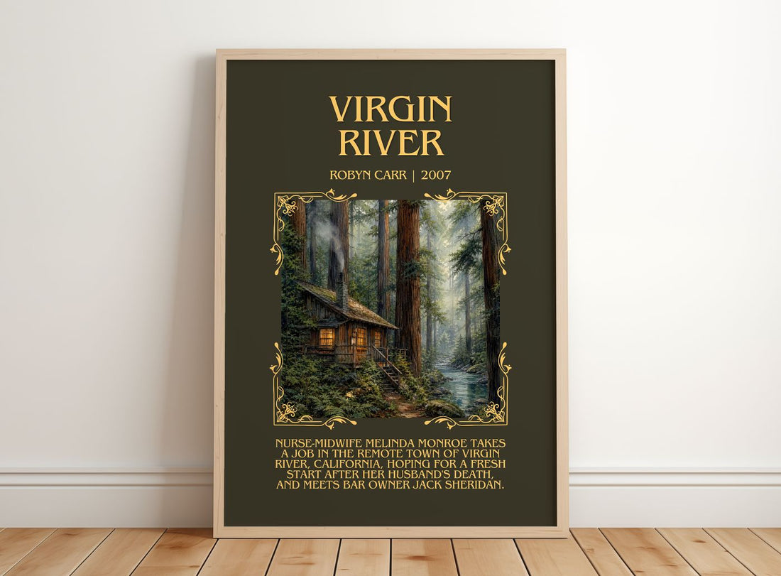 Virgin River Minimalist Book Poster by Robyn Carr – framed print leaning on a wooden floor