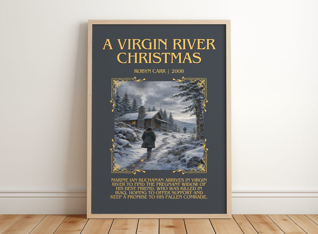 A Virgin River Christmas Minimalist Book Poster by Robyn Carr – framed print leaning on a wooden floor