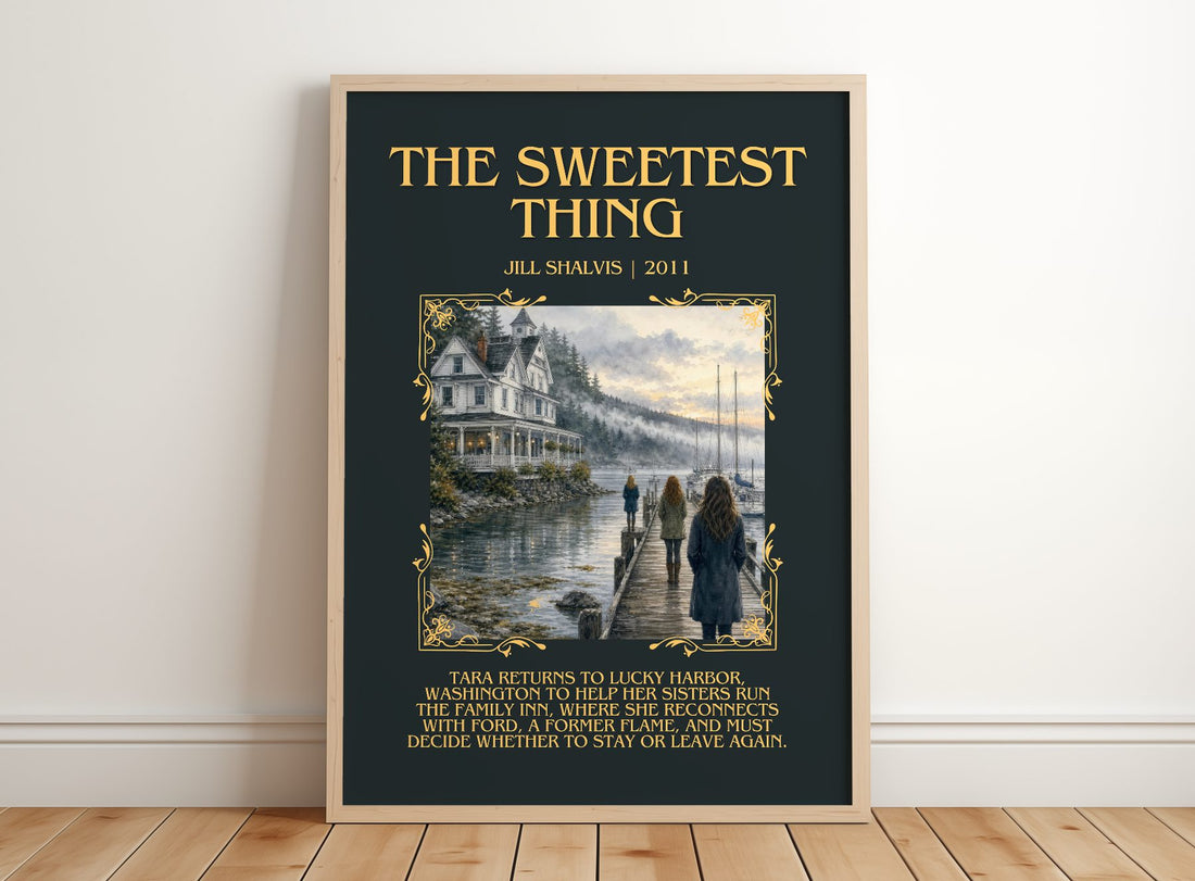 The Sweetest Thing Minimalist Book Poster by Jill Shalvis – framed print leaning on a wooden floor