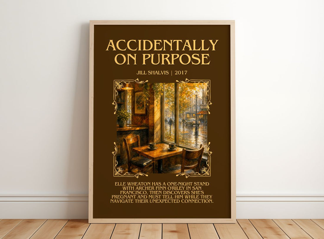 Accidentally on Purpose Minimalist Book Poster by Jill Shalvis – framed print leaning on a wooden floor