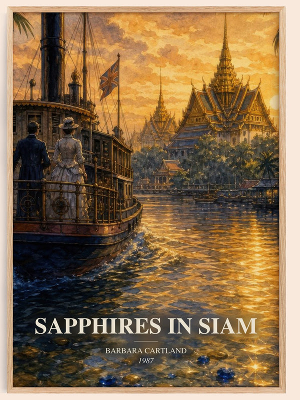 Sapphires In Siam watercolour book poster by Barbara Cartland – framed literary art print