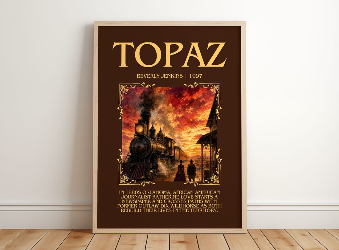 Topaz Minimalist Book Poster by Beverly Jenkins – framed print leaning on a wooden floor