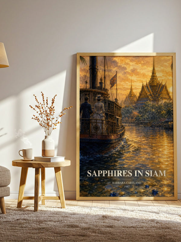 Sapphires In Siam watercolour print in frame leaning in hallway – romance wall art