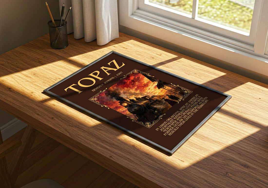 Topaz Minimalist Book Poster by Beverly Jenkins – print on a sunlit desk